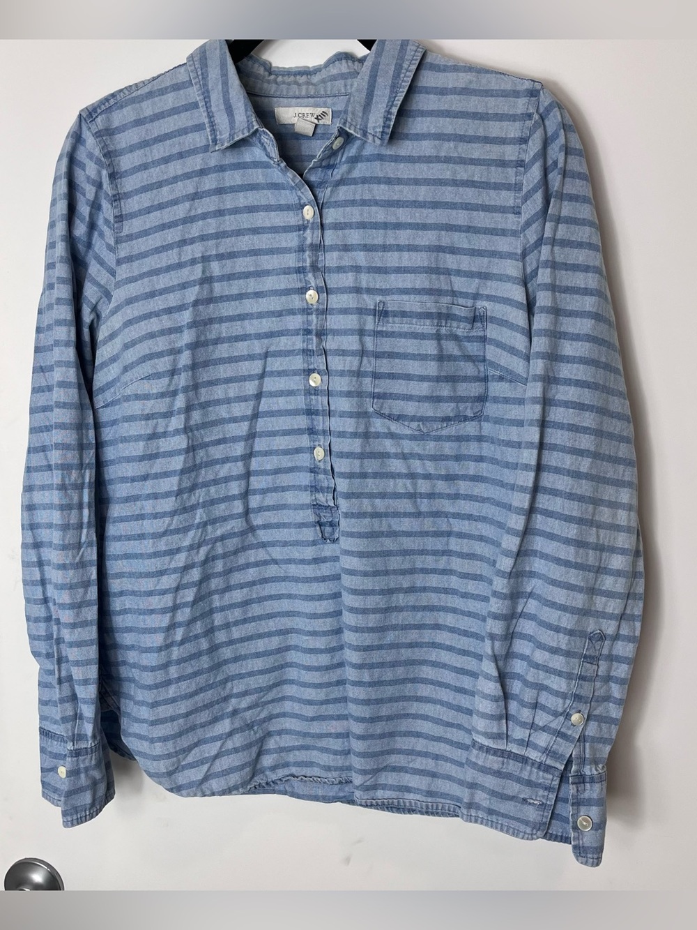 J.Crew Striped Chambray Popover Shirt Denim Light Blue Size 10 Cotton Button